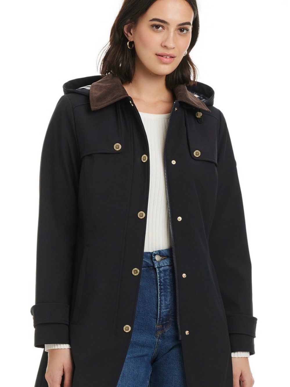 Jones New York Black Trench Coat with Brown Corduroy Collar - Picture 7 of 9